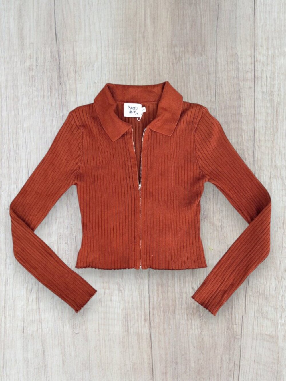 Princess Polly Collared Rib Knit Y2K Zip Up Sweater Top Rust Brown Fitted L/XL